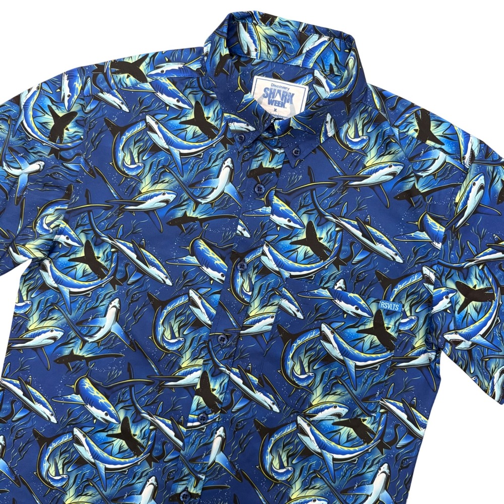 RSVLTS Shark Week Shirt Mens XS Blue KUNUFLEX Short Sleeve Button Down Discovery